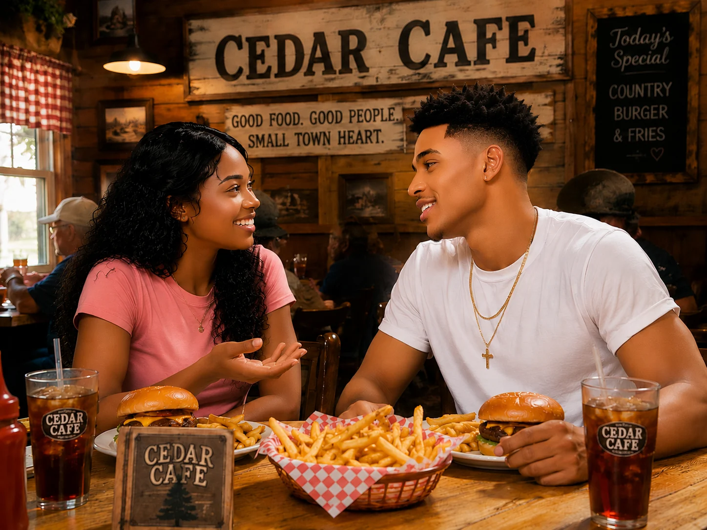 Young Lena and Malik sharing fries at Cedar Cafe