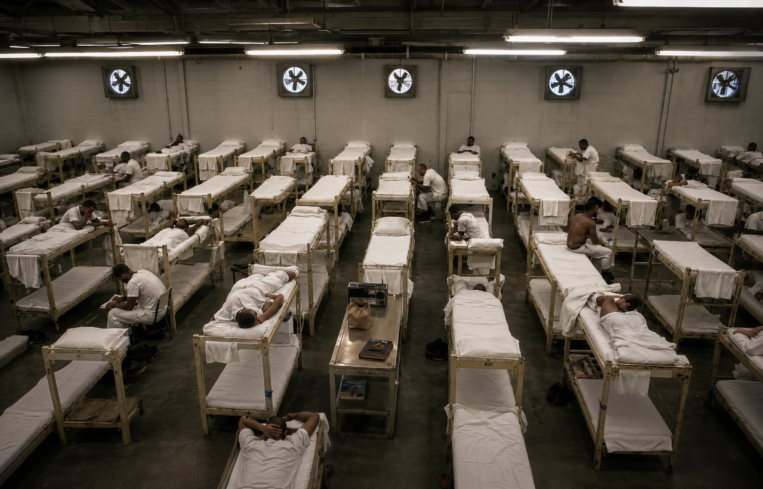Prison dormitory with rows of bunks