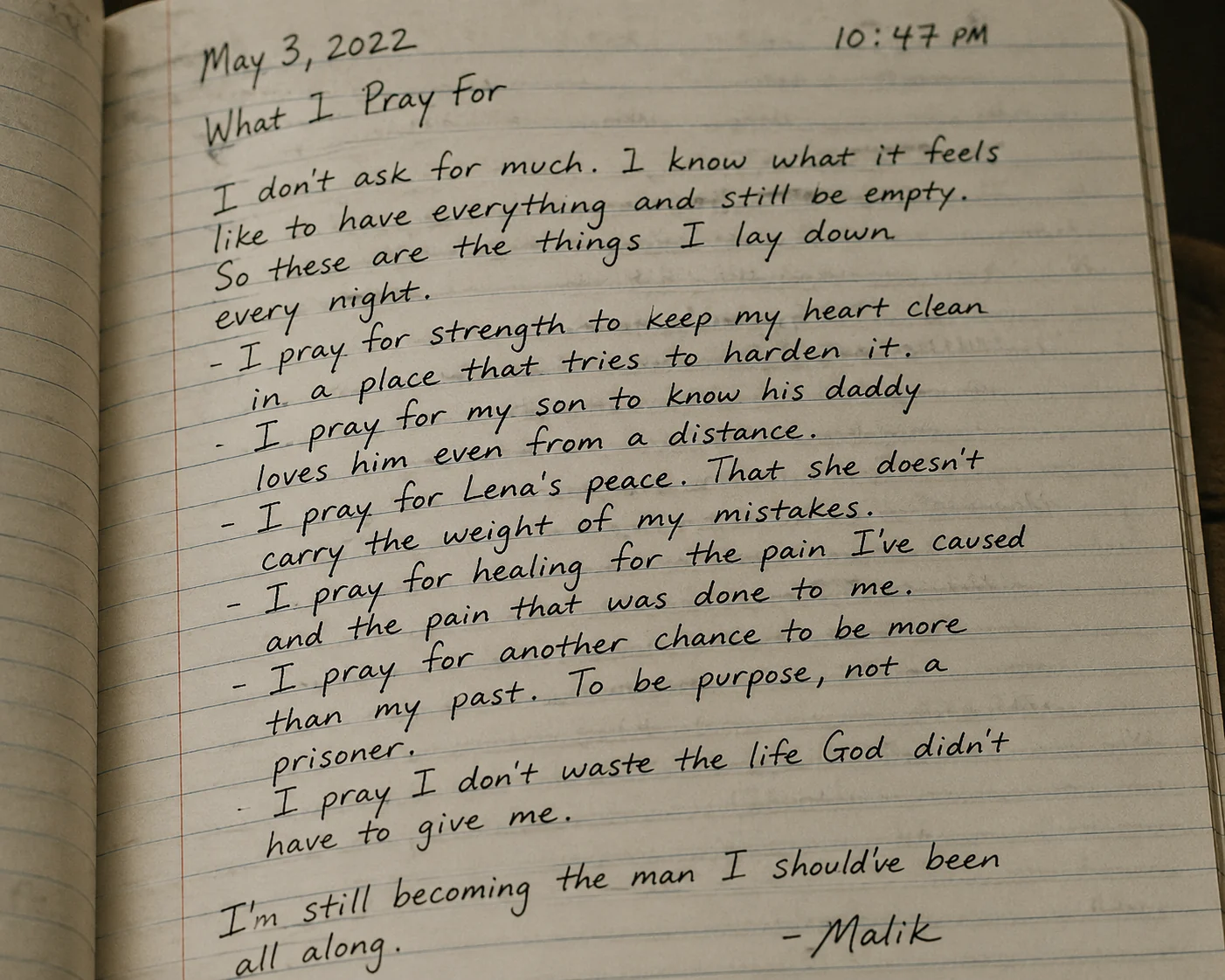 Malik's handwritten journal entry titled What I Pray For