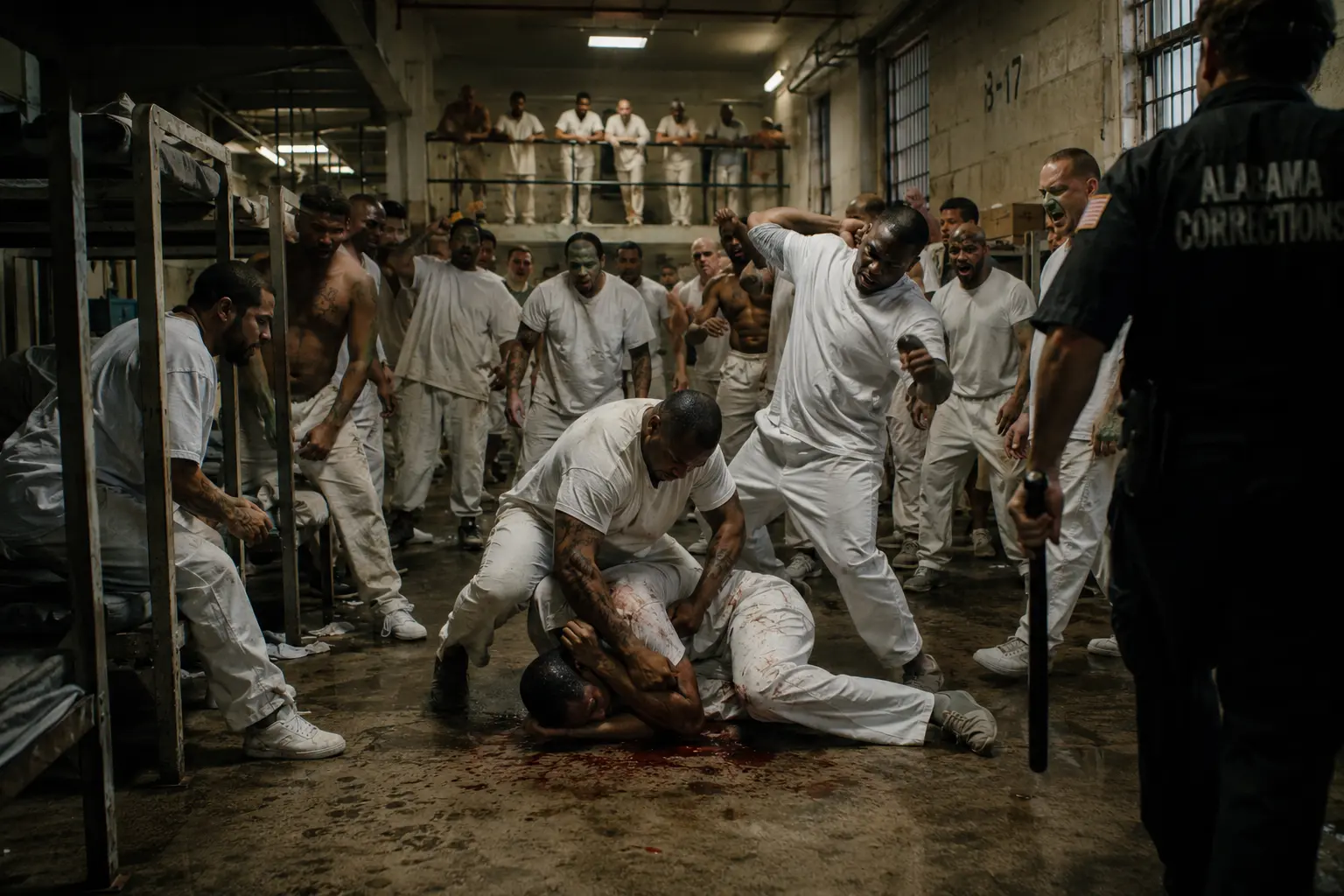 A violent prison dormitory scene showing the danger Malik lived around
